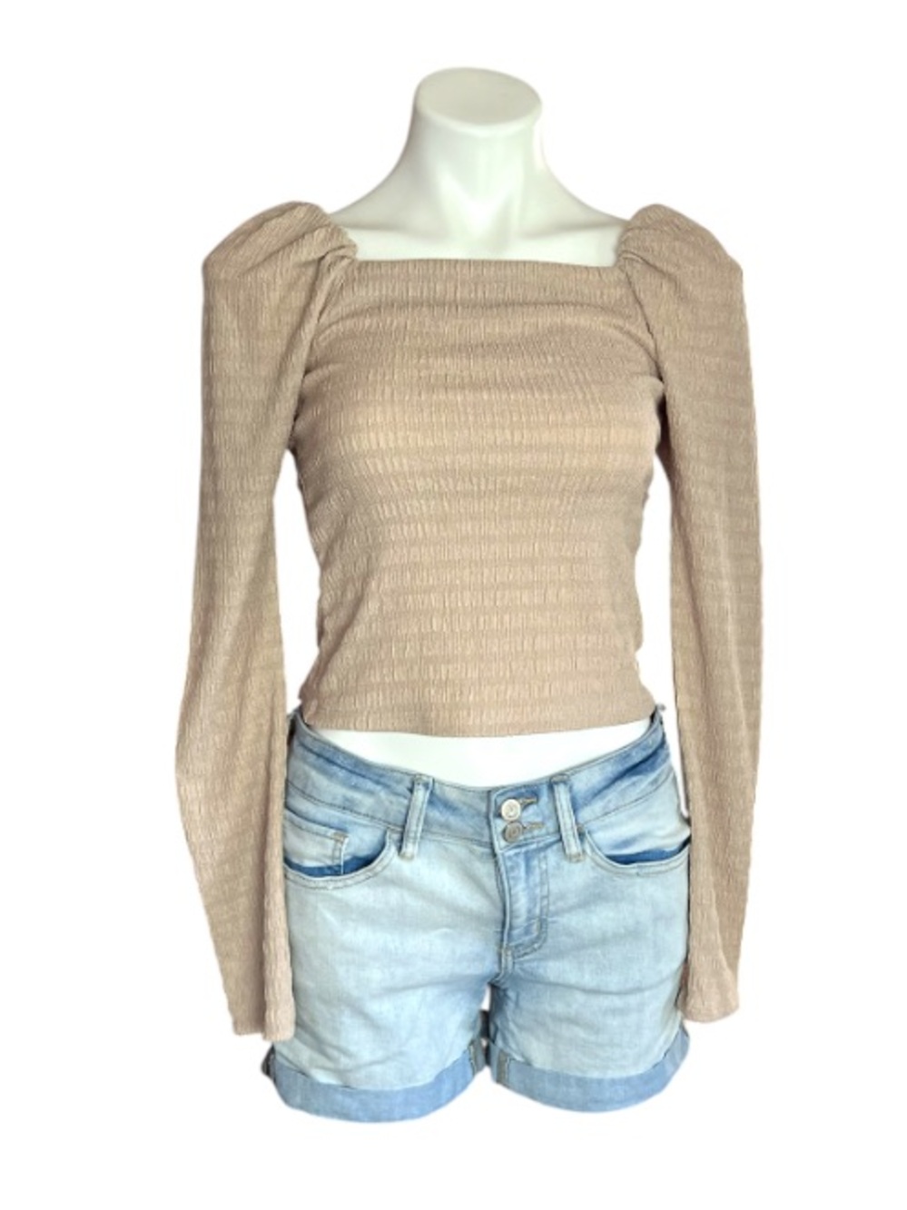 H&M Beige Smocked Puff Sleeve Crop Top XS Cottagecore Neutral